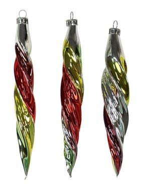 3 Vintage 5” Blown Glass Spiral Icicle Torpedo Christmas Ornament Multicolor